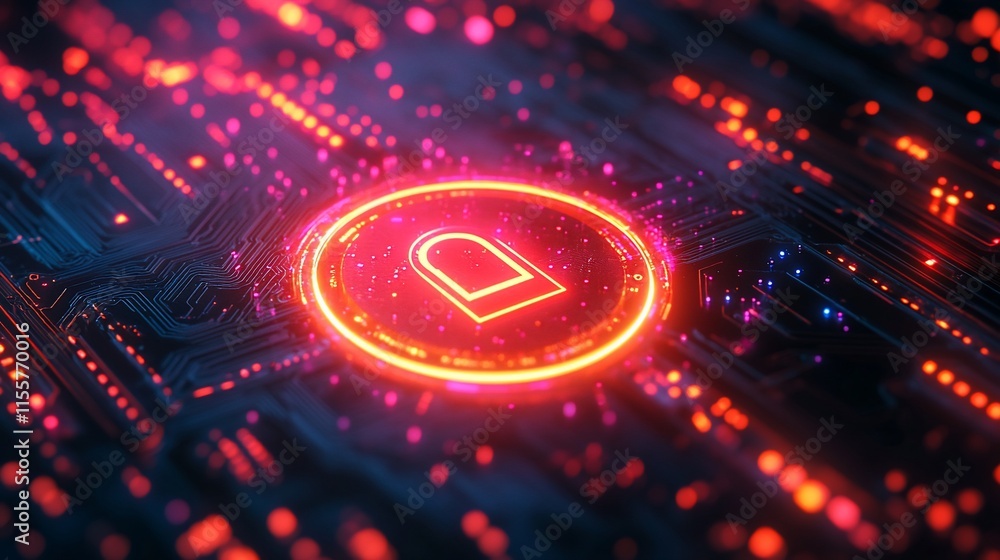 Poster digital lock symbol on a glowing circuit board background, representing cybersecurity.