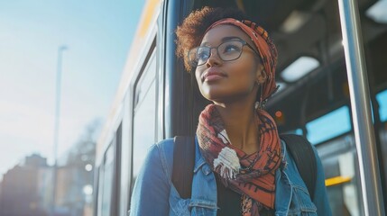 African American woman boarding public bus at station