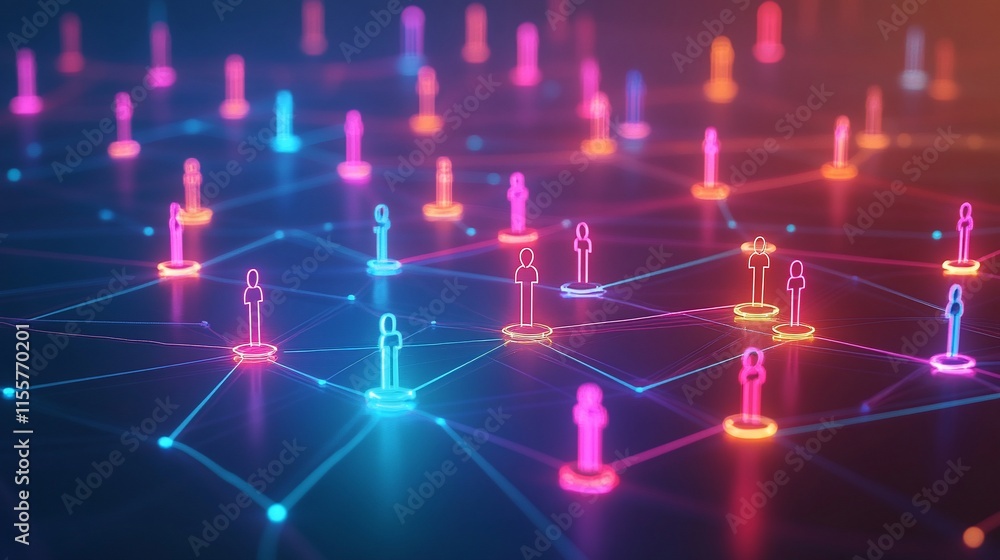 Aufkleber digital network of interconnected figures represented by glowing icons.