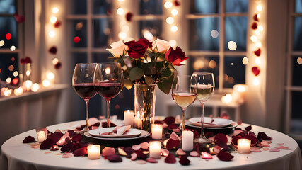 A romantic dinner table setup with candles, wine glasses, and rose petals, set against a blurred background of glowing fairy lights.