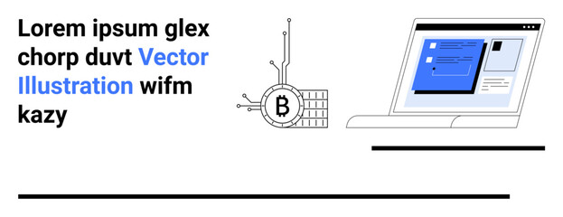 Laptop displaying website with blue content screens, blockchain symbol, and sample text ideal for tech blogs, cryptocurrency, business websites, startups, educational content, online marketing
