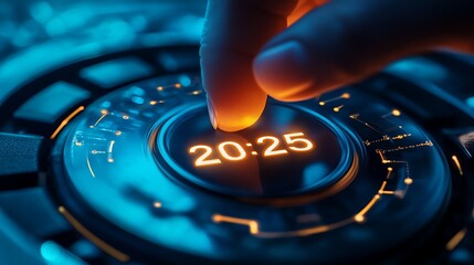 Close up view of hand pressing 2025 button on touch screen interface. Happy new year 2025