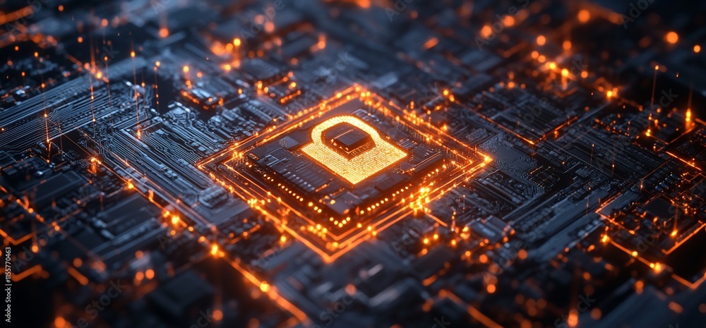 Poster digital representation of a secure chip with glowing lock symbol.