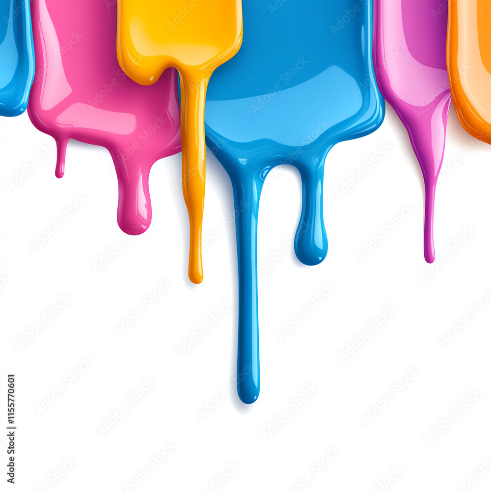 Poster vibrant paint drips in various colors, creating a dynamic and artistic effect on a white background.