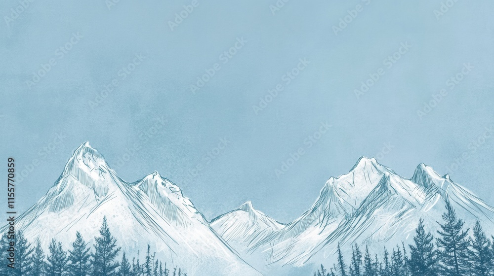 Aufkleber winter doodle of snowy mountains and pine trees creating a serene minimalist landscape. generative a