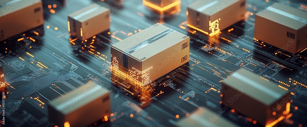 Poster digital representation of packages on a circuit board, symbolizing logistics.
