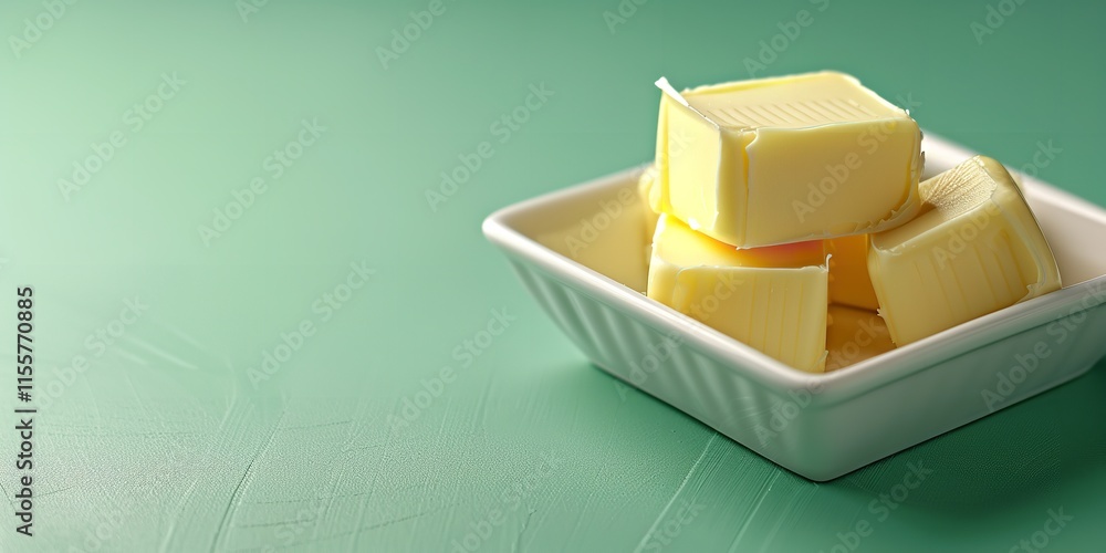 Poster a large copy area for usage as a backdrop featuring butter in a square white dish from above and up 
