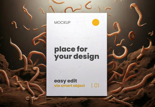 Poster Frame Vertical Sign Mockup in Dirt with Worms Around