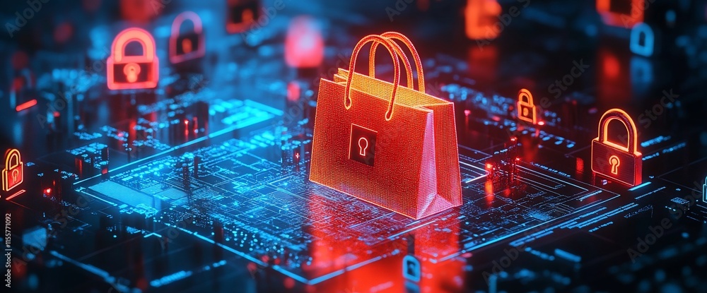 Aufkleber digital shopping concept with security elements on a circuit board.