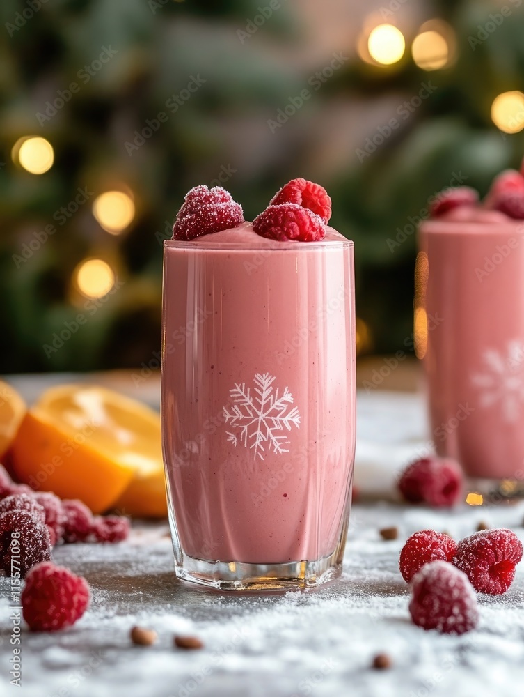 Poster a refreshing raspberry smoothie topped with fresh berries, set against a festive backdrop.