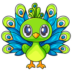 Cute Peacock Cartoon Kawaii Sticker. Character Vector Illustration
