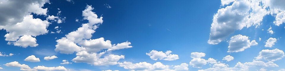 Obraz premium Wide panoramic view of blue sky with scattered white clouds in a clear, bright atmosphere, perfect for outdoor and travel-related themes.