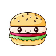 Cute Burger Cartoon Kawaii Sticker. Character Vector Illustration