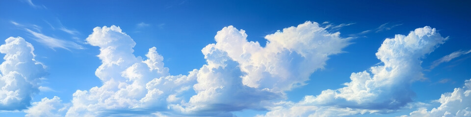 Obraz premium Wide panoramic view of blue sky with scattered white clouds in a clear, bright atmosphere, perfect for outdoor and travel-related themes.