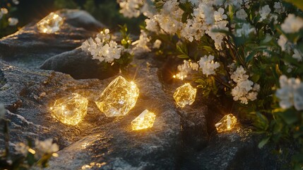 Obraz premium Glowing Crystals in a Blossoming Garden