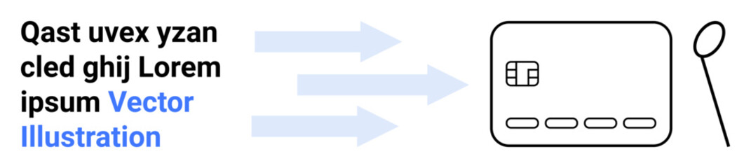 Credit card with chip, magnifying glass, arrows pointing from text. Ideal for financial transactions, online payments, e-commerce, data analysis, cybersecurity, technology informational content