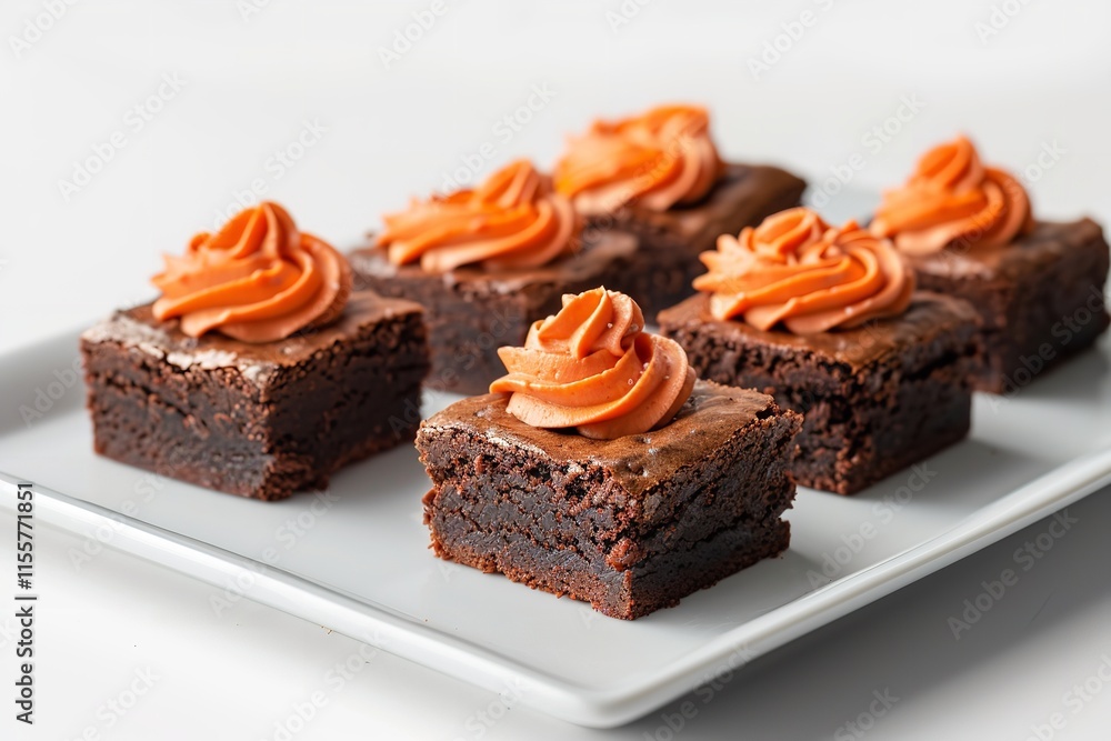 Poster close-up of delicious chocolate brownies with bright orange frosting on a white dish on a basic whit