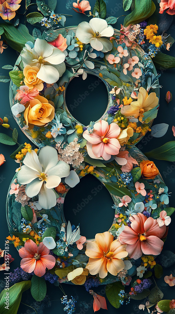 Poster a flowery design of the number 8. the flowers are arranged in a circular pattern and are of various 