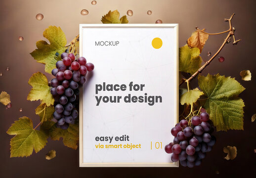 Poster Frame Vertical Sign Mockup with Juicy Grapes and Leafs Wine Style