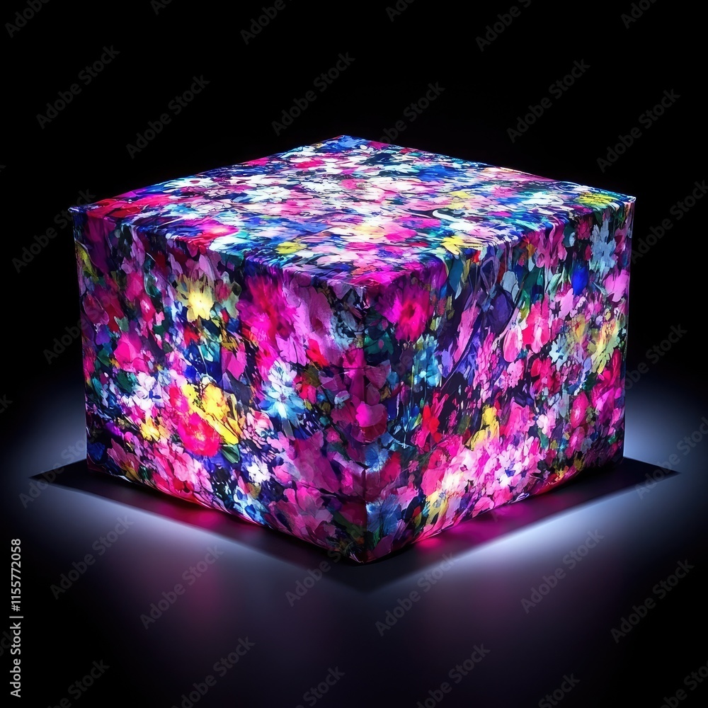 Aufkleber a vibrant, illuminated cube covered in floral patterns, creating a striking visual effect.