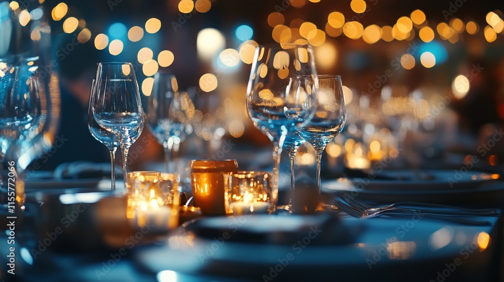 Poster elegant dining setup with glasses and candles, creating a warm atmosphere.