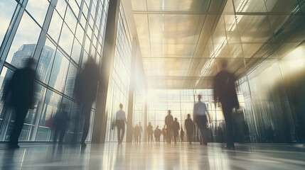 Long exposure shot of a crowd of business people walking in a bright office lobby, capturing fast movement and a dynamic atmosphere, modern workplace concept.
