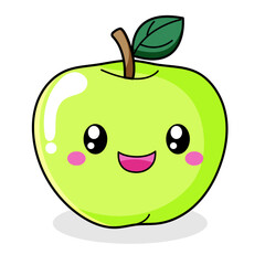 Cute Apple Cartoon Kawaii Sticker. Character Vector Illustration