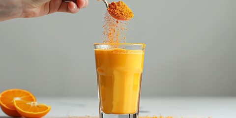 A close-up of a hand holding a spoon and adding orange juice to a glass filled with orange powders on a white backdrop with a large writing area, Generative AI.