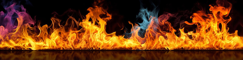 Fototapeta premium A dramatic row of vivid orange flames glowing against a deep black background, creating a striking and intense visual contrast.