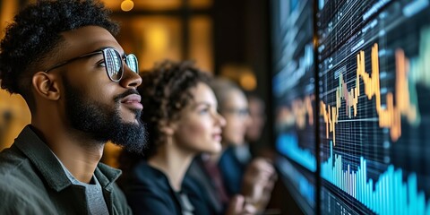 Diverse professionals analyzing financial data and trends on futuristic screens for technology 
