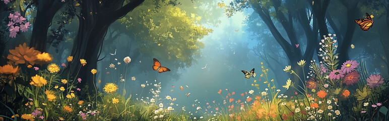 Dreamy forest with vibrant flowers and fluttering butterflies, enchanting scenery perfect for nature themes and magical atmosphere design.