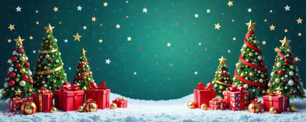 Intricate design of colorful Christmas trees & gifts; stars, bows, & candy canes complete the festive scene , gold, presents