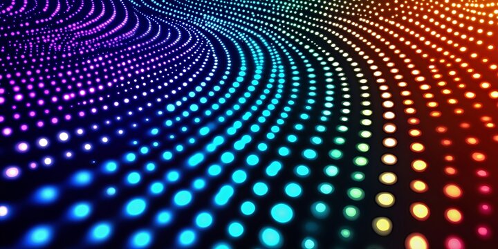 A seamless arrangement of glowing rainbow-colored dots forming dynamic wave patterns - Powered by Adobe