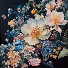 Sublime Floral Still Life with Gems and Pearls