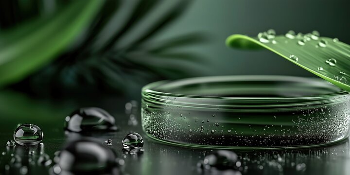 green translucent glass ring with water droplets on a reflective surface