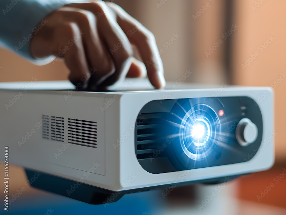 Poster close-up of a person's hand adjusting a modern projector with a bright light, ideal for presentation
