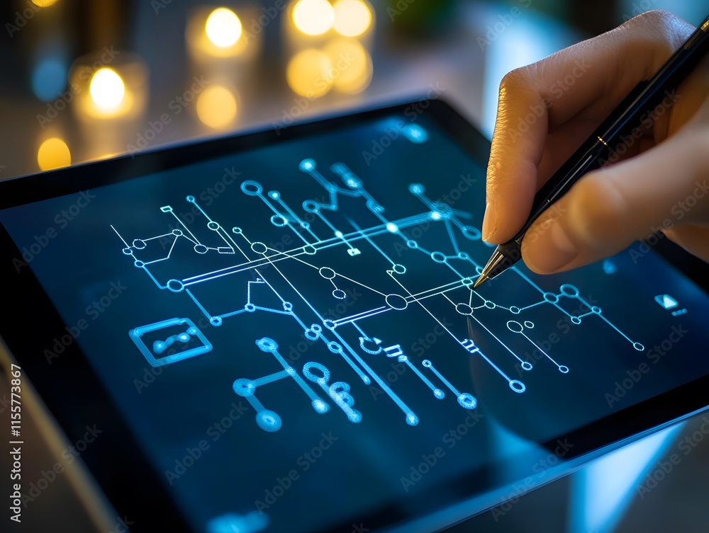 Poster Close-up of Hand Using Stylus on Digital Tablet with Illuminated Circuit Board Design in Darkened Room for Technology and Innovation Concepts