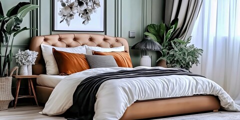 Elegant bedroom mockup featuring a blank white frame surrounded by cozy decor and greenery