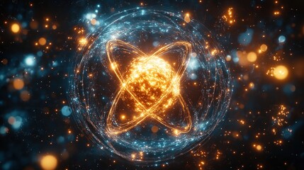 Futuristic atomic structure representing energy and space exploration with luminous electron orbits