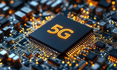 Closeup view of 5G chip on a circuit board with glowing data paths showcasing advanced technology