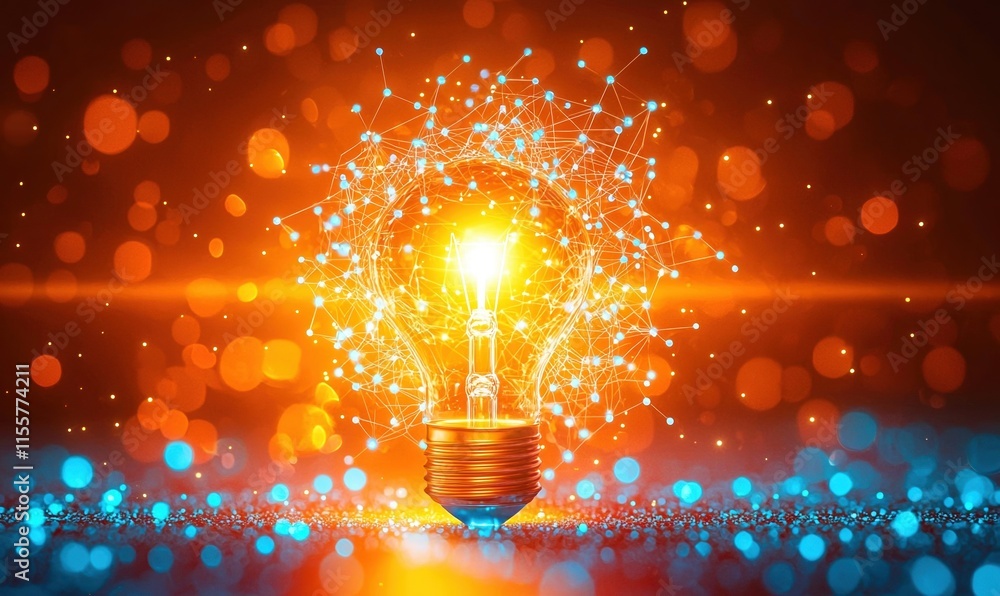 Poster glowing bulb surrounded by a network of shimmering particles in vibrant colors