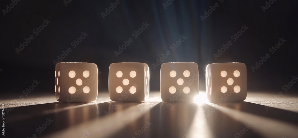 Poster four dice arranged in a row, illuminated with dramatic lighting.