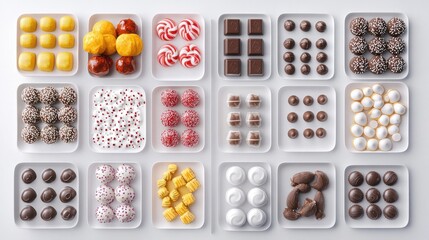 Assorted candy in white packaging, including chocolates and truffles, perfect for food packaging design