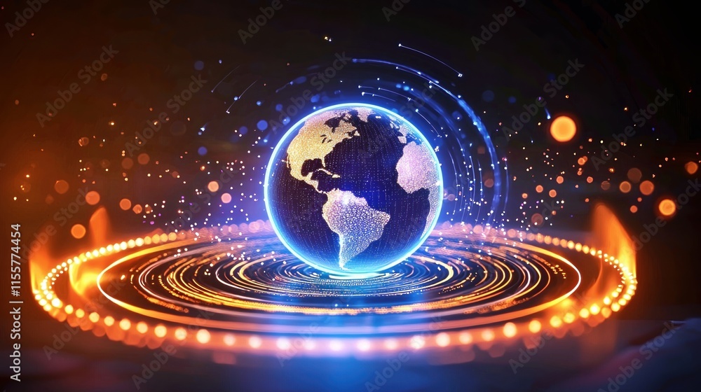 Poster digital earth representation with glowing rings and particles symbolizing global connectivity and te