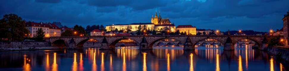 Obraz premium Illuminated Charles Bridge at night, Prague Castle backdrop, Vltava River reflections , Charles Bridge, Prague