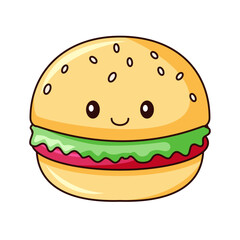 Cute Burger Cartoon Kawaii Sticker. Character Vector Illustration