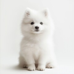 Fluffy white pomeranian puppy sitting on a plain background