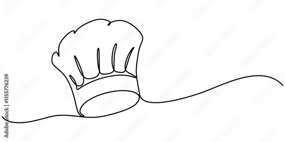 Poster Continuous one line drawing of chef hat or cap. One line drawing illustration of hat chef. Chef uniform concept single line. Editable outline, Chef Hat Continuous Line Icon, Symbol of cooking. 