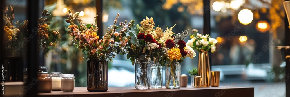 Poster stylish storefront display featuring beautiful flower arrangements in glass vases during golden hour