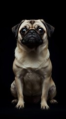 Obraz premium Portrait of a pug dog with black background highlighting its expressive features